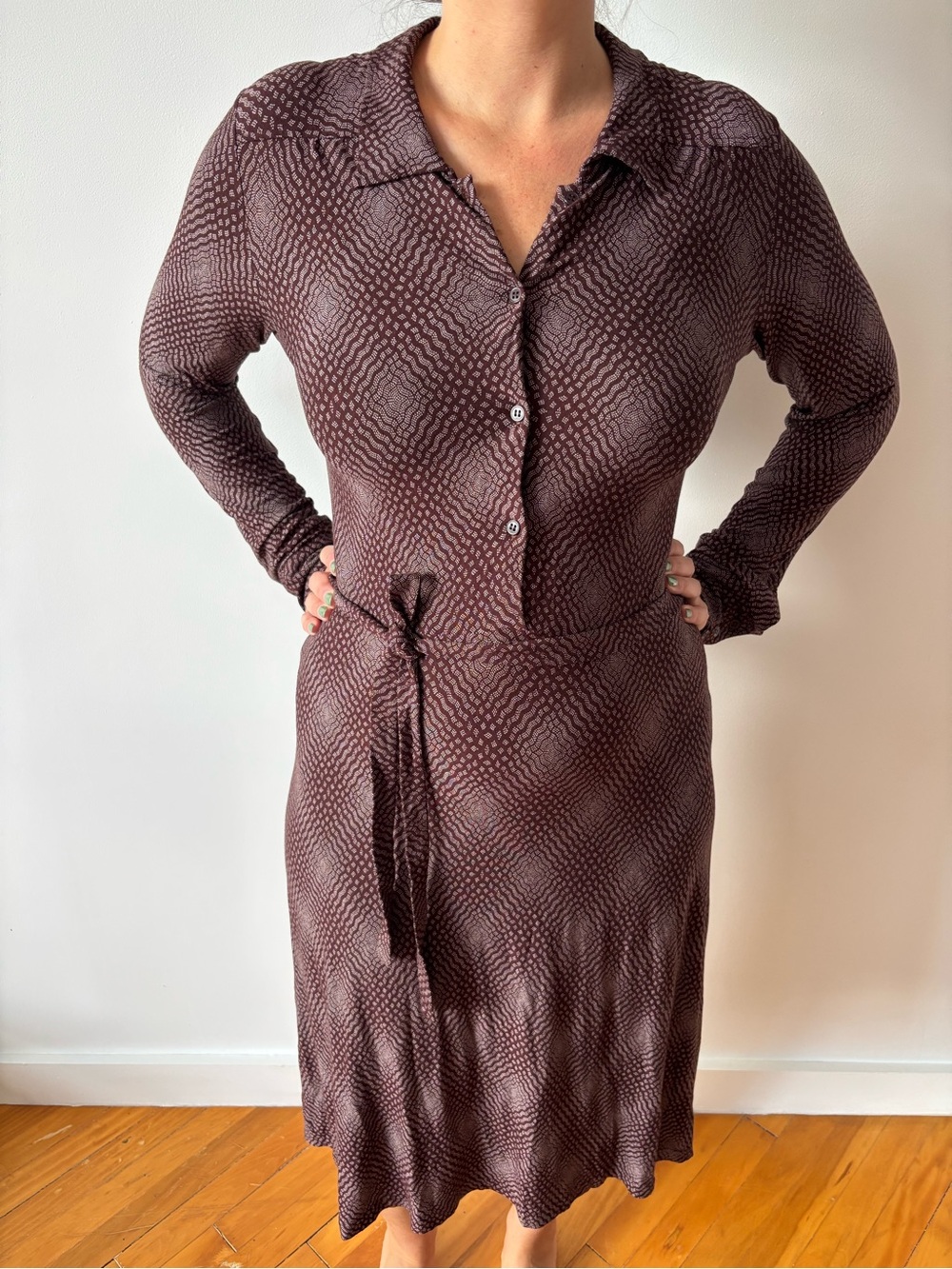 Agnes B. Stretch Brown Patterned Long-Sleeve Collared Dress
